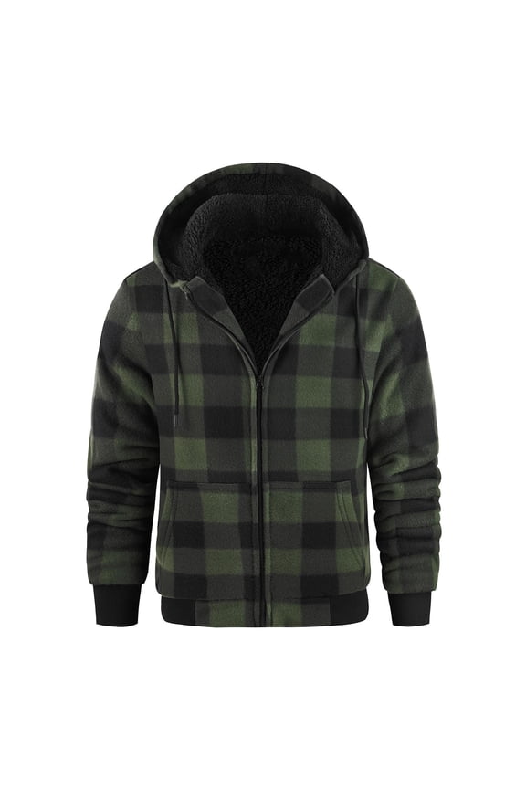 Heavy Thick Hoodies for Men Plaid Flannel Warm Sherpa Fleece Lined Winter Full Zip Up Coat