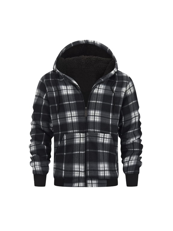 Heavy Thick Hoodies for Men Plaid Flannel Warm Sherpa Fleece Lined Winter Full Zip Up Coat