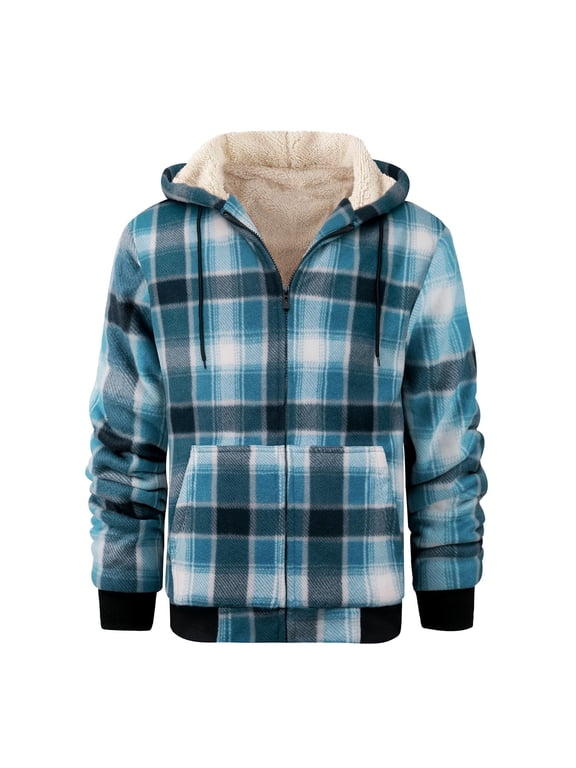Heavy Thick Hoodies for Men Plaid Flannel Warm Sherpa Fleece Lined Winter Full Zip Up Coat