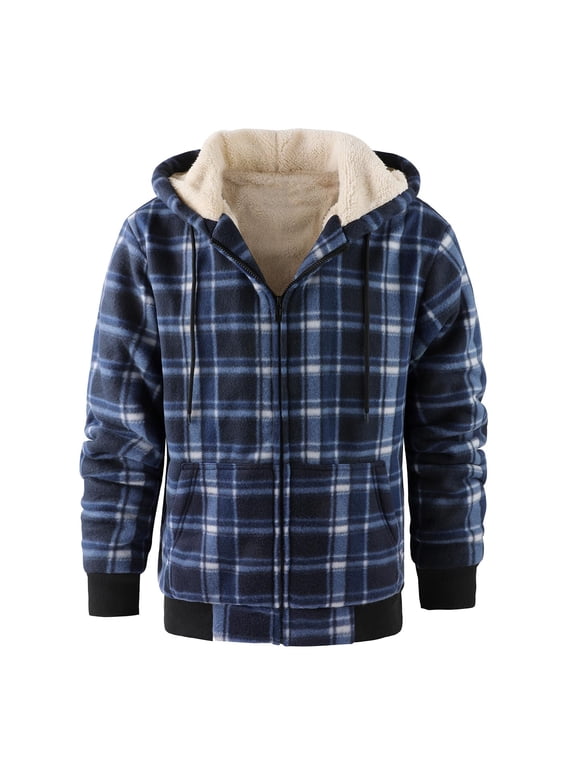 Heavy Thick Hoodies for Men Plaid Flannel Warm Sherpa Fleece Lined Winter Full Zip Up Coat