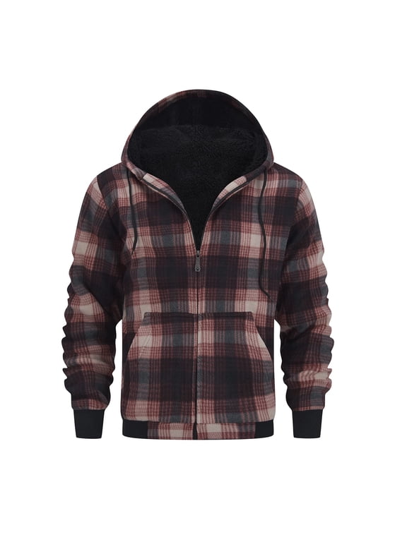 Heavy Thick Hoodies for Men Plaid Flannel Warm Sherpa Fleece Lined Winter Full Zip Up Coat