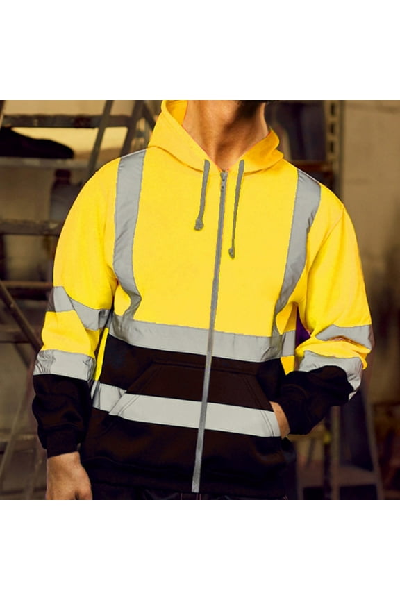 High Visibility Safety Sweatshirt for Men, Class 3 Reflective Zippered Hooded Sweatshirt, Hi-Vis Safety Hoodie with Black Bottom