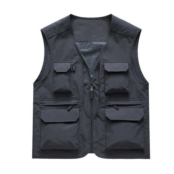 Dovford Large Size Cargo Jackets For Men Vests with Multi-Pockets Zipper Patchwork Tank Outerwear Solid Sleeveless Baggy Top