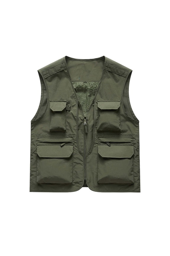 Large Size Cargo Jackets For Men Vests with Multi-Pockets Zipper Patchwork Tank Outerwear Solid Sleeveless Baggy Top