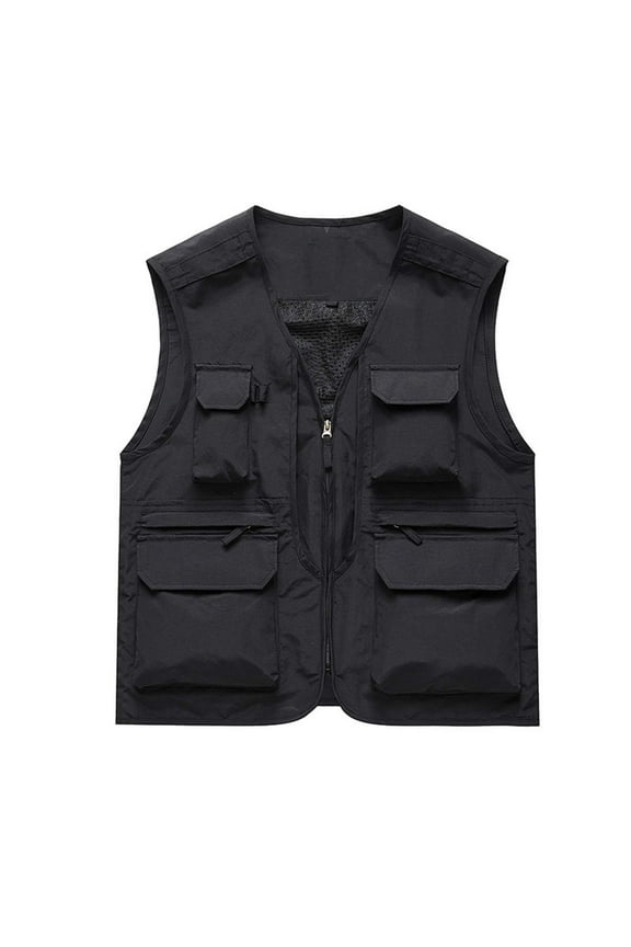 Large Size Cargo Jackets For Men Vests with Multi-Pockets Zipper Patchwork Tank Outerwear Solid Sleeveless Baggy Top