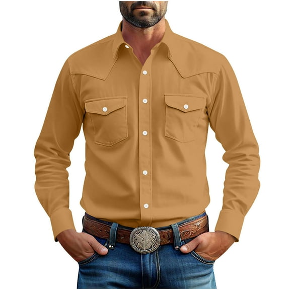 Dovford Linen Shirts for Men Western Snap Long Sleeve Shirt Cowboy Casual Two Pockets Cotton Linen Classic Work Shirts
