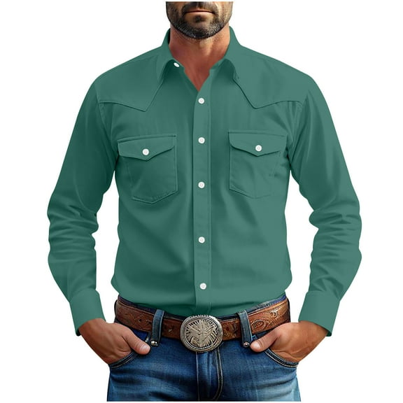 Dovford Linen Shirts for Men Western Snap Long Sleeve Shirt Cowboy Casual Two Pockets Cotton Linen Classic Work Shirts