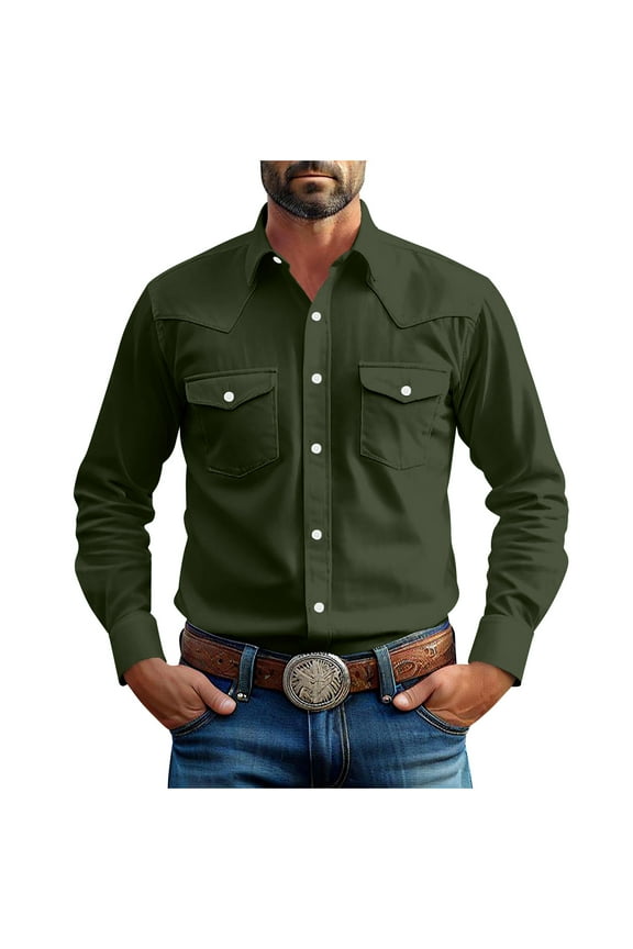 Linen Shirts for Men Western Snap Long Sleeve Shirt Cowboy Casual Two Pockets Cotton Linen Classic Work Shirts