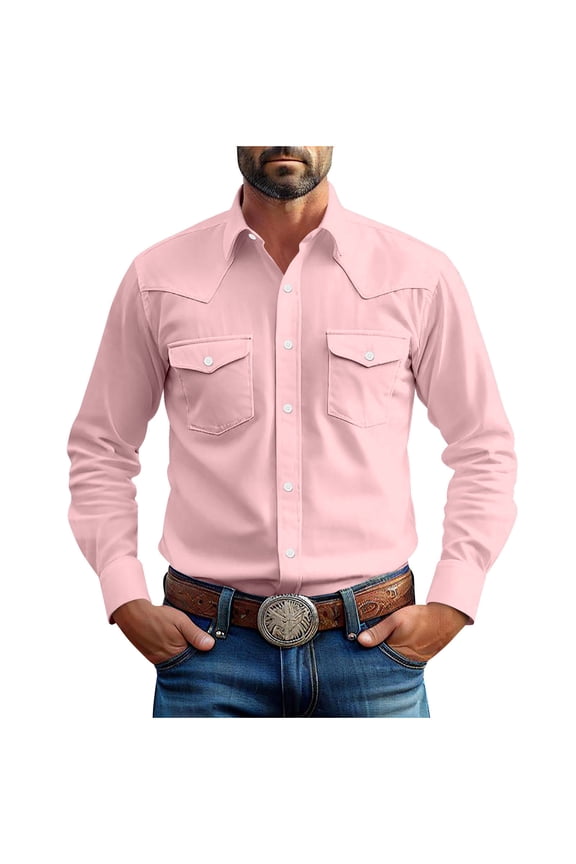 Linen Shirts for Men Western Snap Long Sleeve Shirt Cowboy Casual Two Pockets Cotton Linen Classic Work Shirts
