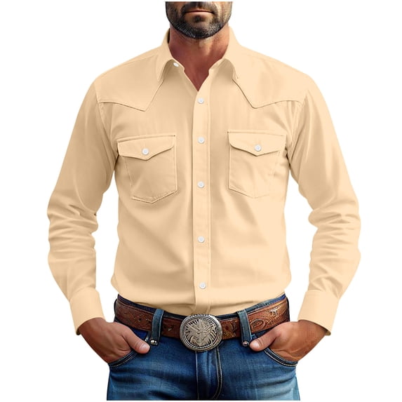 Dovford Linen Shirts for Men Western Snap Long Sleeve Shirt Cowboy Casual Two Pockets Cotton Linen Classic Work Shirts