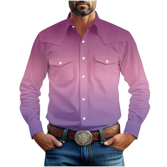 Dovford Long Sleeve Shirts for Men Linen Shirts for Men Western Snap Long Sleeve Shirt Cowboy Casual Two Pockets Cotton Linen Classic Work