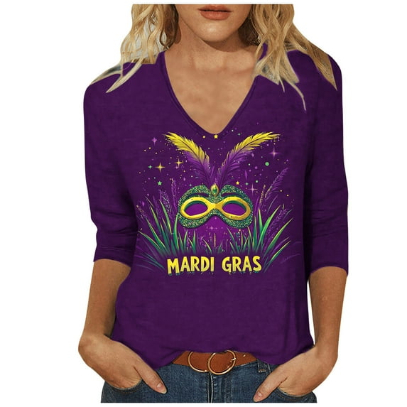 Dovford Mardi Gras Shirts for Women Bling Glitter Carnival Outfits V Neck Tunic 3/4 Sleeve Tops Mask Print Tees Parade Tshirt