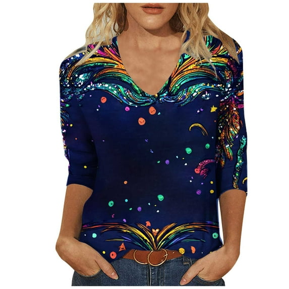Dovford Mardi Gras Shirts for Women Bling Glitter Carnival Outfits V Neck Tunic 3/4 Sleeve Tops Mask Print Tees Parade Tshirt
