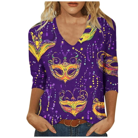 Dovford Mardi Gras Shirts for Women Bling Glitter Carnival Outfits V Neck Tunic 3/4 Sleeve Tops Mask Print Tees Parade Tshirt