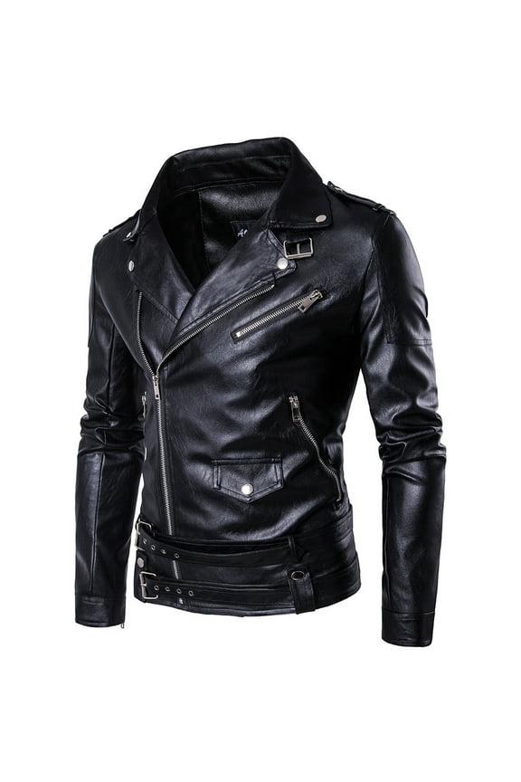 Men Faux Leather Jacket, Fall/Winter Thickening Coat Long Sleeve Zip Up Outwear Sports Basic Parka with Pocket