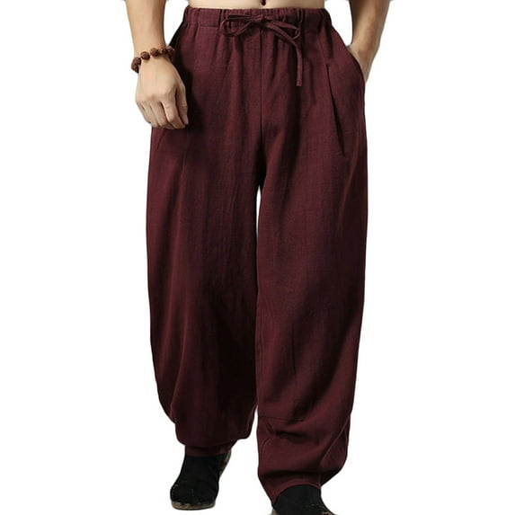 Dovford Men Loose Casual Pants Linen Cotton Wide Leg Chinese Style Trousers Solid Color Soft Pants