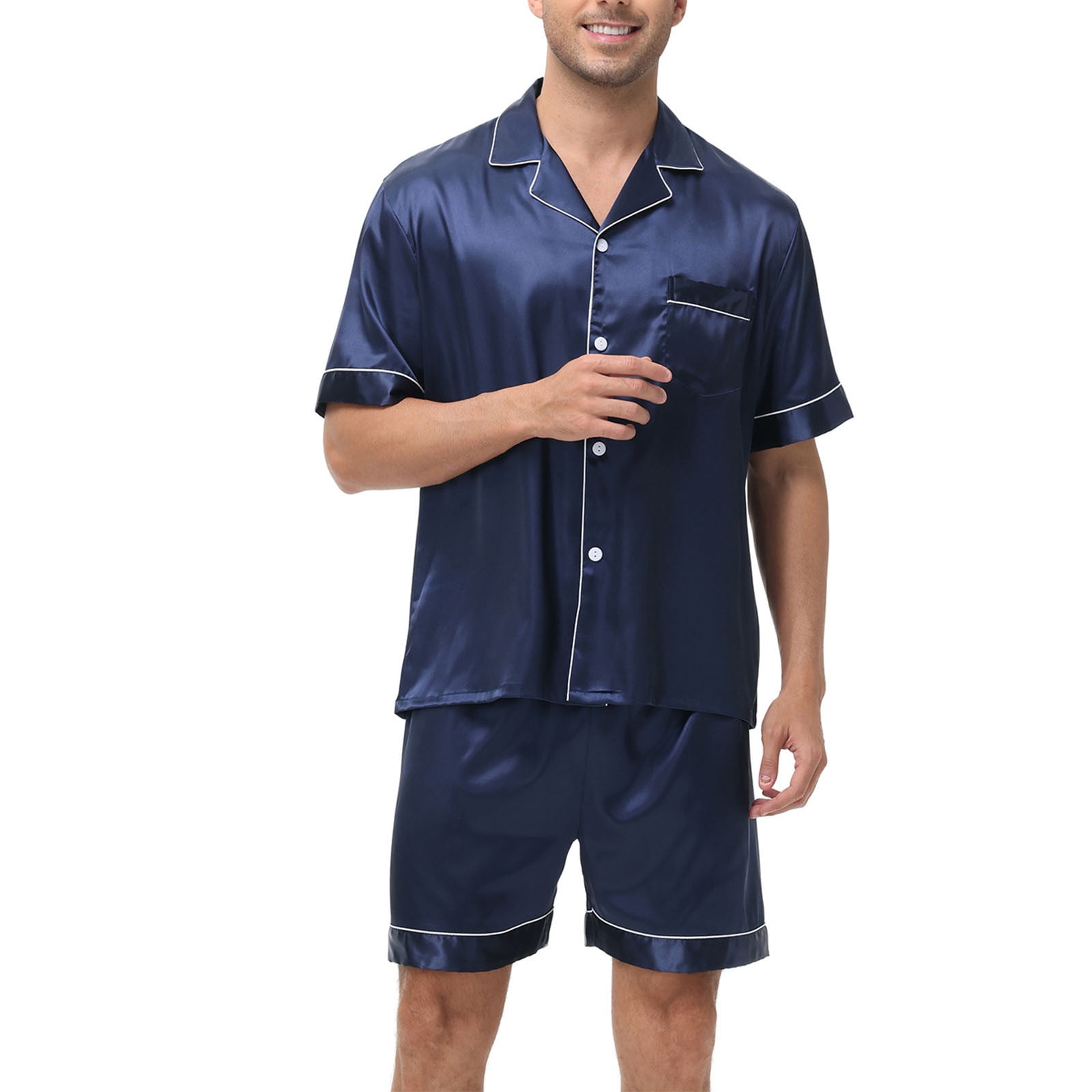 Pure Silk Short Sleeve Notch Collar Men's Chain Print Pajamas Set with Shorts