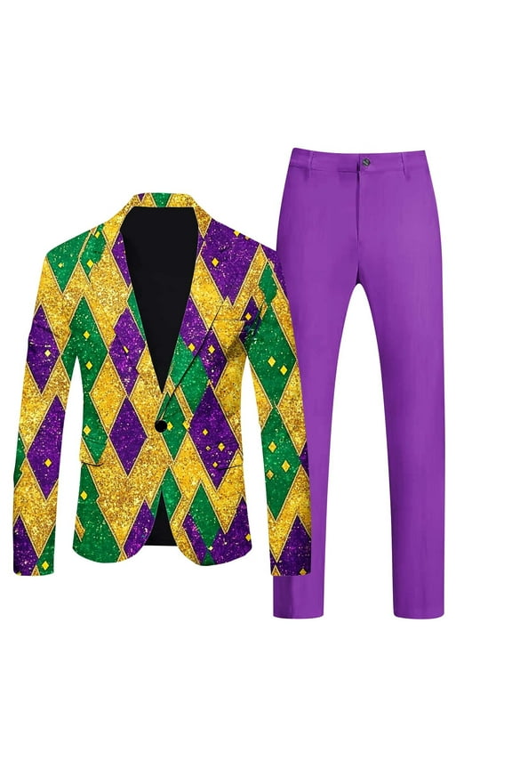 Men's 2 Piece Mardi Gras Suit Peak Lapel One Button Slim Fit Tuxedo Blazer Party Dinner Jacket & Pants