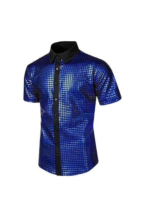 Men’s 70S Disco Shirts Button Down Sequin Shirt Short Sleeve Retro Metallic Nightclub Party Costume Shirt Tops 2024