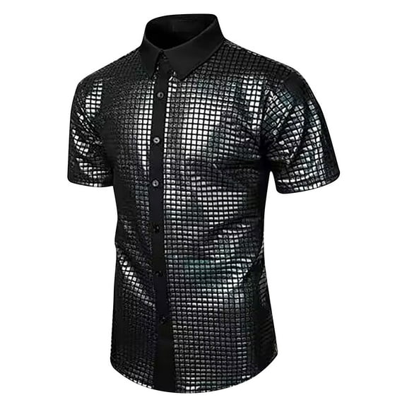 Dovford Men’s 70S Disco Shirts Button Down Sequin Shirt Short Sleeve Retro Metallic Nightclub Party Costume Shirt Tops 2024