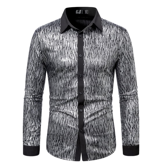 Dovford Men's 70s Disco Shirts Long Sleeve Button Down Dress Shirts Retro Shiny Sequins Party Shirt Prom Nightclub Costume Tops