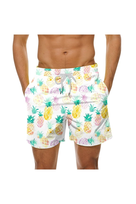 Men's Board Shorts, Casual Elastic Waist Drawstring Beach Shorts Novelty Pineapple Print Summer Swim Trunks Quick Dry Bathing Suits
