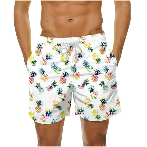 Dovford Men's Board Shorts, Casual Elastic Waist Drawstring Beach Shorts Novelty Pineapple Print Summer Swim Trunks Quick Dry Bathing Suits