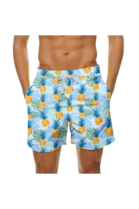 Men's Board Shorts, Casual Elastic Waist Drawstring Beach Shorts Novelty Pineapple Print Summer Swim Trunks Quick Dry Bathing Suits