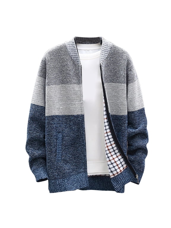Men's Cardigan Sweaters Full Zip Up Stand Collar Regular Fit Knitted Jacket Casual Fleece Lined Winter Warm Jacket Coat