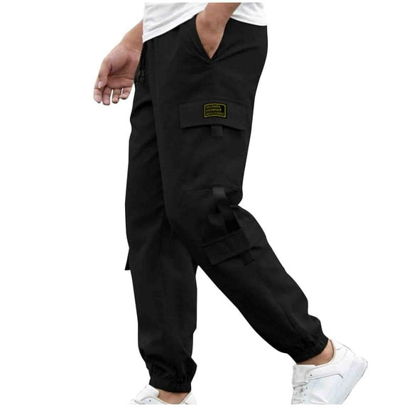 Dovford Men's Casual Pants Regular Fit Loose-Fitting Men's Patch Drawstring Waist Cargo Pants