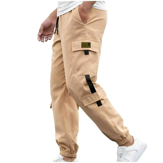 Dovford Men's Casual Pants Regular Fit Loose-Fitting Men's Patch Drawstring Waist Cargo Pants