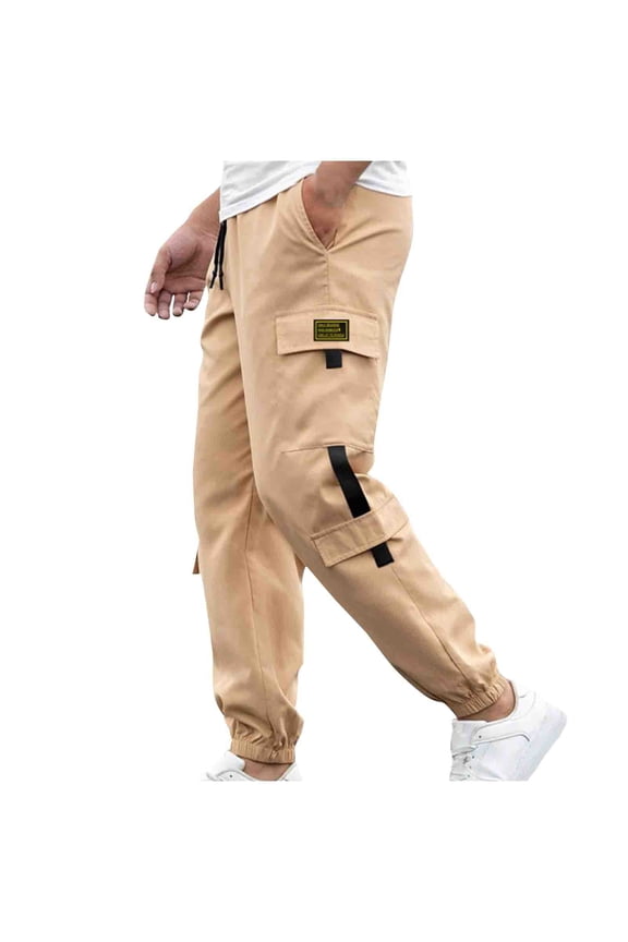 Men's Casual Pants Regular Fit Loose-Fitting Men's Patch Drawstring Waist Cargo Pants