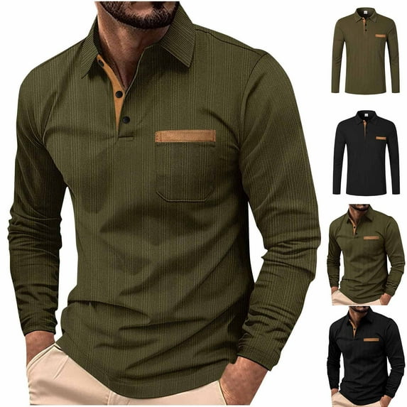 Dovford Men's Casual Polo Shirts Classic Long Sleeve Basic Button T-Shirt Lightweight Cotton Golf Tops with Pocket