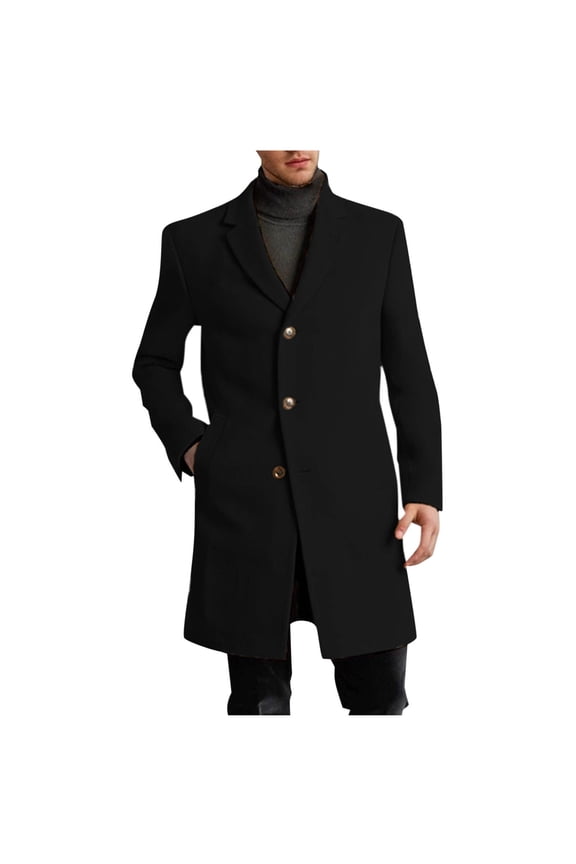 Men's Casual Trench Coat Slim Fit Notched Collar Long Jacket Overcoat Single Breasted Pea Coat wih Pockets