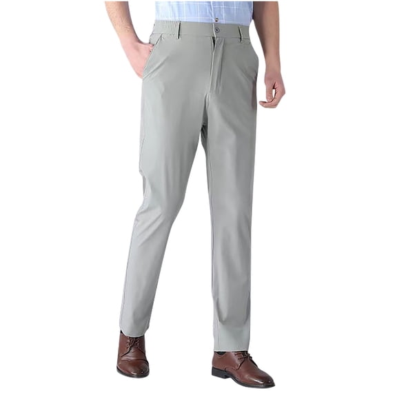 Dovford Men's Classic Fit Flat-Front Work Dress Pant Expandable Waist Slim Fit Open Bottom Ice Silk Chino Pants Slacks with Pockets