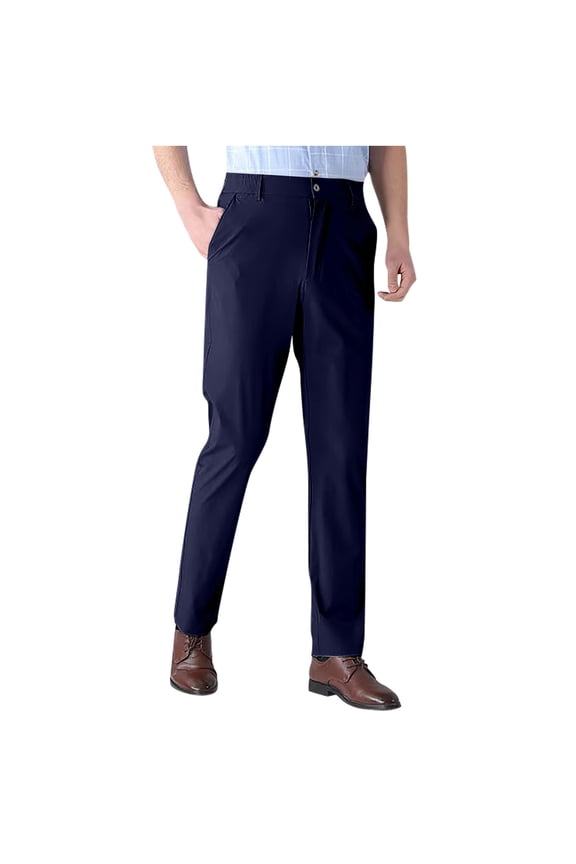 Men's Classic Fit Flat-Front Work Dress Pant Expandable Waist Slim Fit Open Bottom Ice Silk Chino Pants Slacks with Pockets