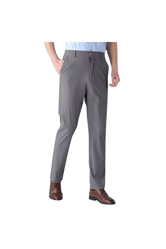 Men's Classic Fit Flat-Front Work Dress Pant Expandable Waist Slim Fit Open Bottom Ice Silk Chino Pants Slacks with Pockets