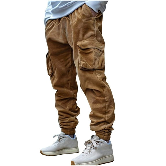 Dovford Men's Corduroy Cargo Jogger Pants Casual Lightweight Elastic Waist Drawstring Trousers Plus Size Fashion Sweatpants