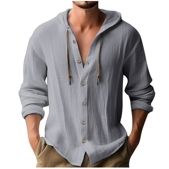 Dovford Men's Cotton Linen Hoodies Casual Button Down Long Sleeve Hooded Shirt Solid Color Beach Hippie T shirt