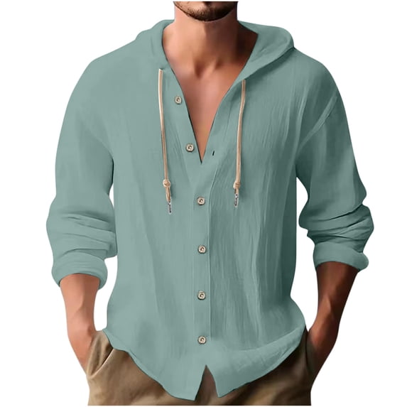 Dovford Men's Cotton Linen Hoodies Casual Button Down Long Sleeve Hooded Shirt Solid Color Beach Hippie T shirt