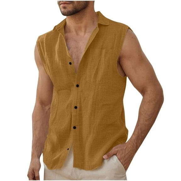 Dovford Men's Cuban Guayabera Linen Shirts Men's Summer Beach Tank Tops Sleeveless Button Up Shirt Casual Cotton Linen Tank Shirts