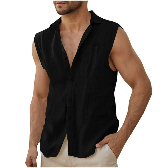 Dovford Men's Cuban Guayabera Linen Shirts Men's Summer Beach Tank Tops Sleeveless Button Up Shirt Casual Cotton Linen Tank Shirts