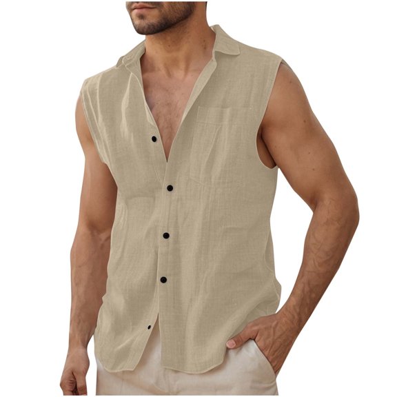 Dovford Men's Cuban Guayabera Linen Shirts Men's Summer Beach Tank Tops Sleeveless Button Up Shirt Casual Cotton Linen Tank Shirts