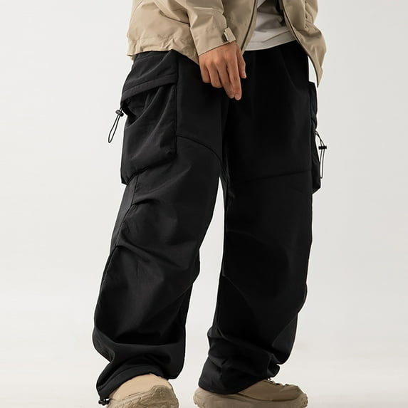 Dovford Men's Drawstring Elastic Waist Flap Pockets Streetwear Baggy Cargo Pants Joggers Hiking Trousers
