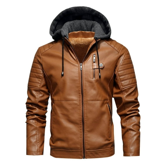 Dovford Men's Faux Hooded Leather Jacket Winter Motorcycle Jacket Bomer Drawstring Casual Windproof Warm Coat with Hood