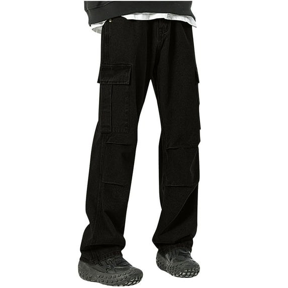 Dovford Men's Flap Pocket Denim Cargo Pants Straight Leg Skateboard Jean Trousers