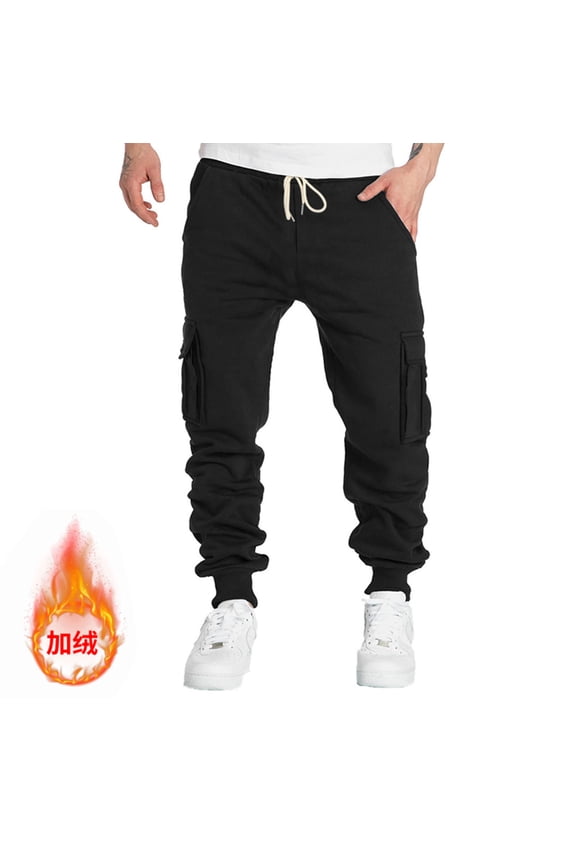 Men's Heavyweight Fleece Cargo Sweatpants Baggy Sweat Pants with Pockets Elastic Waist Drawstring Joggers Trousers