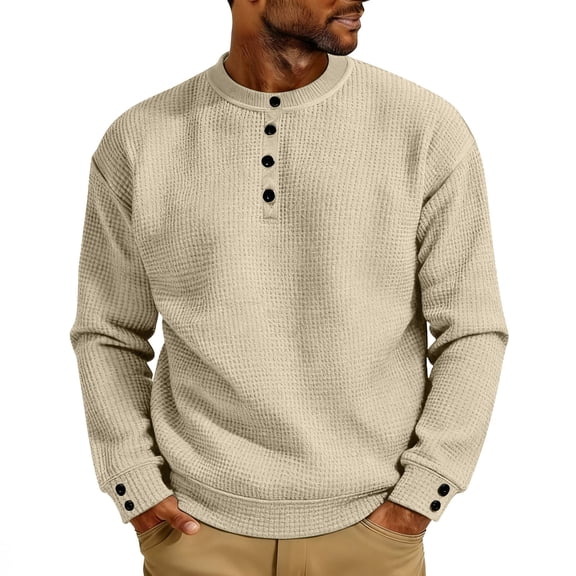 Dovford Men's Henley Sweater Long Sleeve Button Crewneck Sweater Knit Sweater Casual Waffle Texture Pullover Sweater