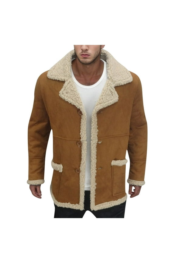 Men's Lamb Wool Bomber Coat Faux Leather Sherpa Fleece Lined Jackets Heavyweight Suede Trench-Coat