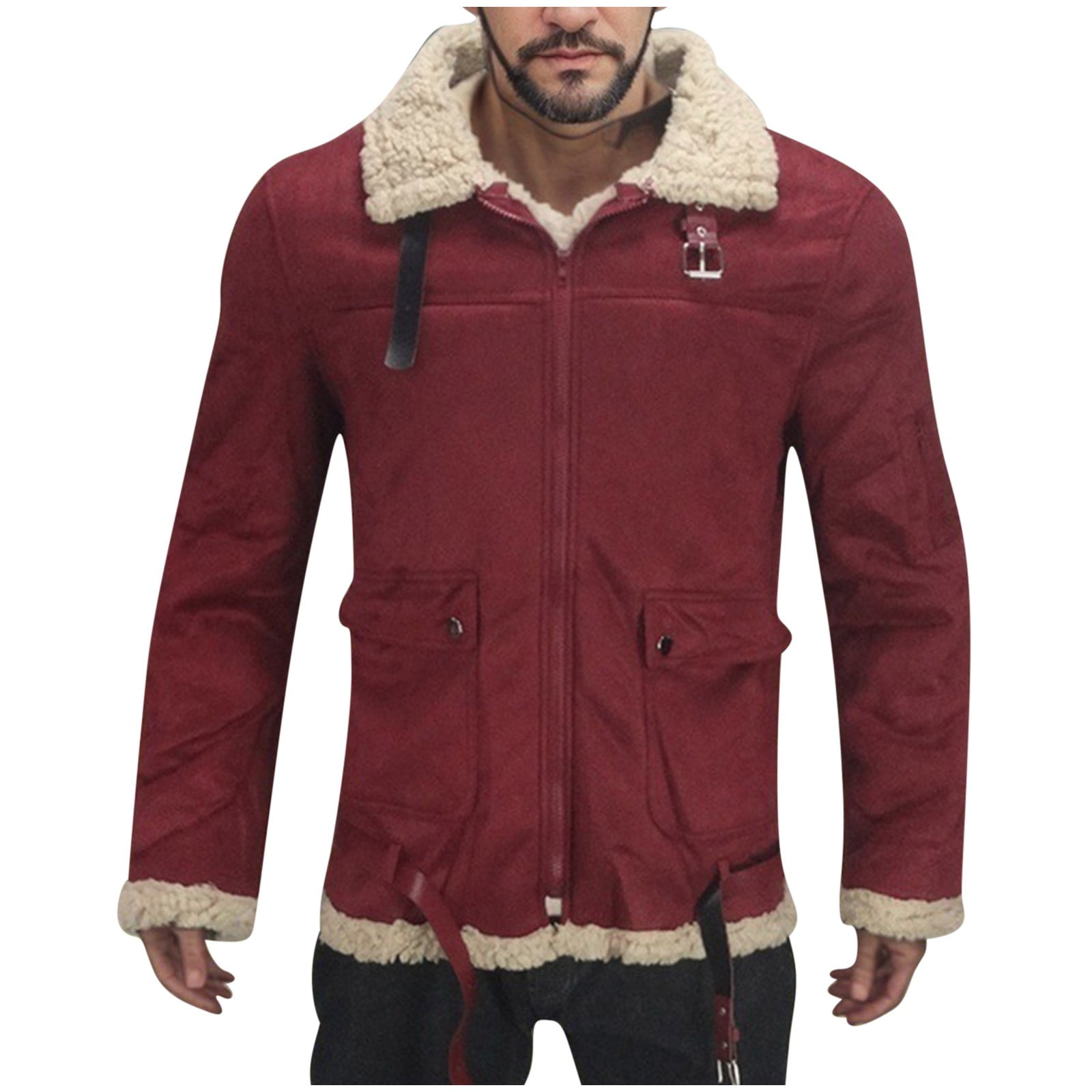 Dovford Men's Lamb Wool Bomber Coat Faux Leather Sherpa Fleece Lined Jackets Heavyweight Suede Trench-Coat